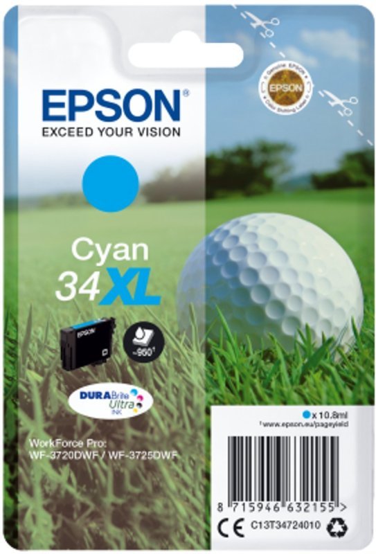 Image of Epson Ink/34XL Golf Ball 10.8ml 900 Page Yield, Cyan - C13T34724010