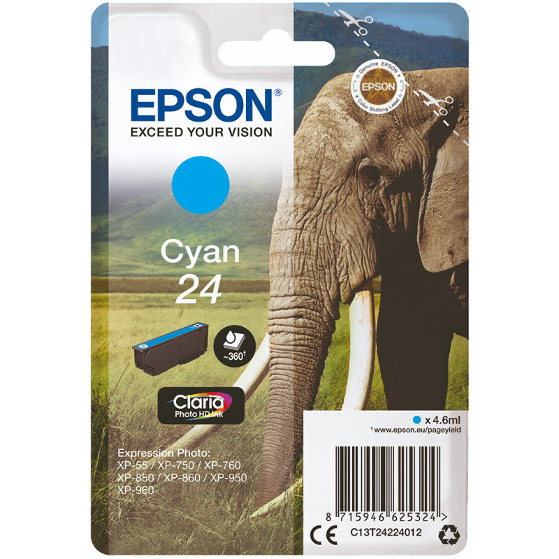 Image of Epson Ink/24 Elephant 4.6ml Cartridge, Cyan - C13T24224012