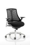 Flex Task Operator Chair White Frame Black Fabric Seat With Black Back With Arms