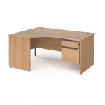 Contract 25 Left Hand Ergonomic Desk with 2 Drawer Graphite Pedestal and Panel Leg 1600mm - Beech
