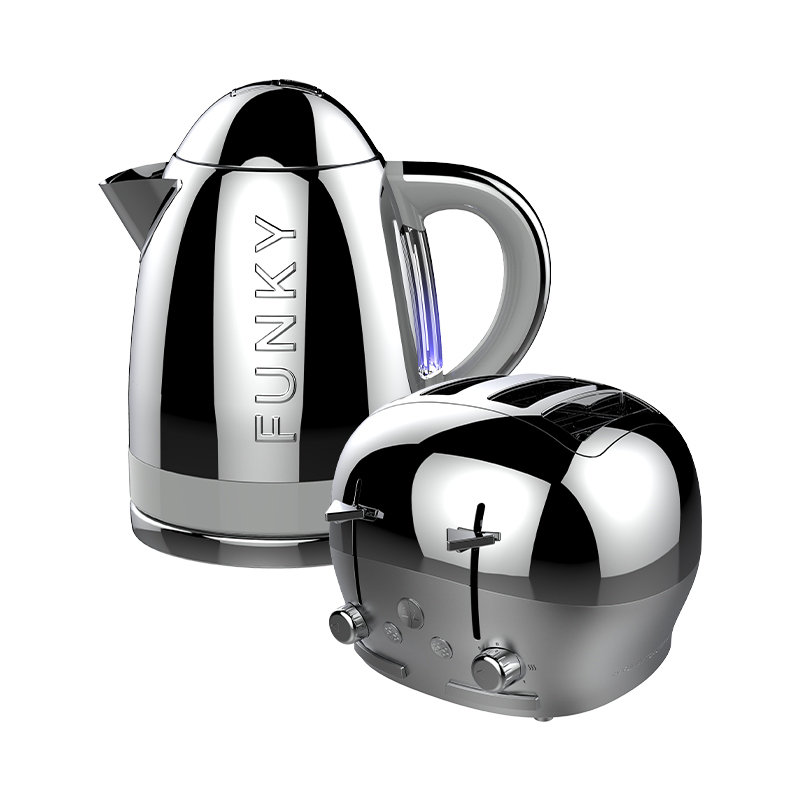 EXDISPLAY FUNKY Retro Kettle + Toaster breakfast set 1.7L easy pour kettle large deep + wide toaster Chrome