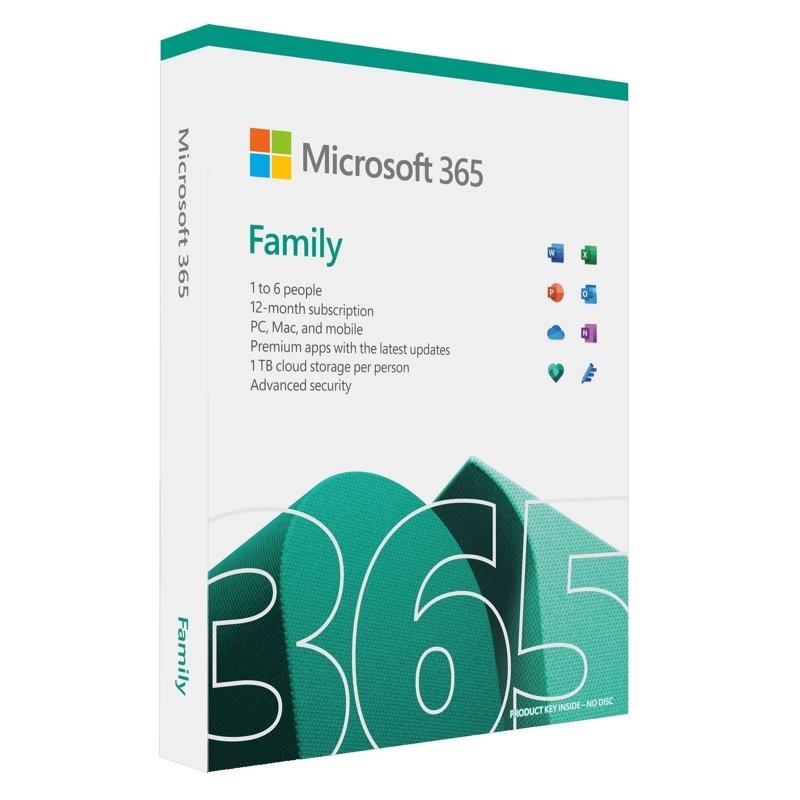Microsoft 365 Family Medialess 1 Year Subscription 6 Users Retail Boxed