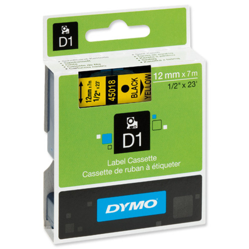 Dymo D1 Tape 12mm x7M- Black on Yellow