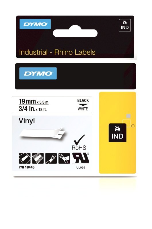 Dymo Black on White Rhino Vinyl Tape 19mm x 5.5m