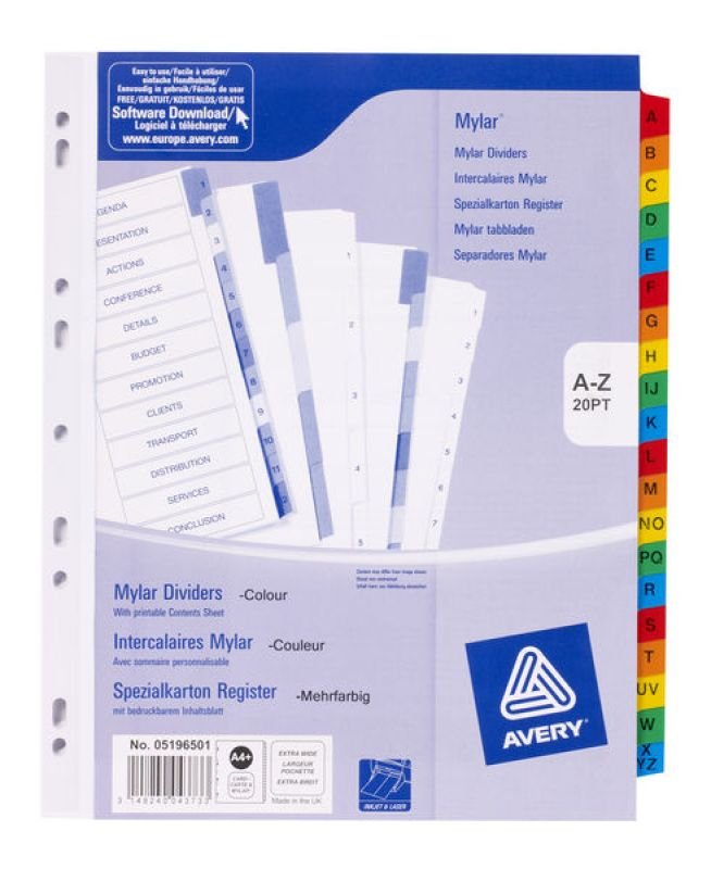 AVERY MYLAR XTRA WIDE A Z 20PT DVDRS AST  Ebuyer