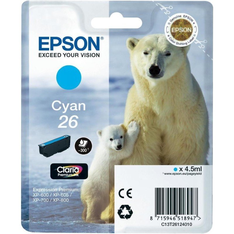 Epson Ink/26 Polar Bear 4.5ml 300 Page Yield Cyan - C13T26124012