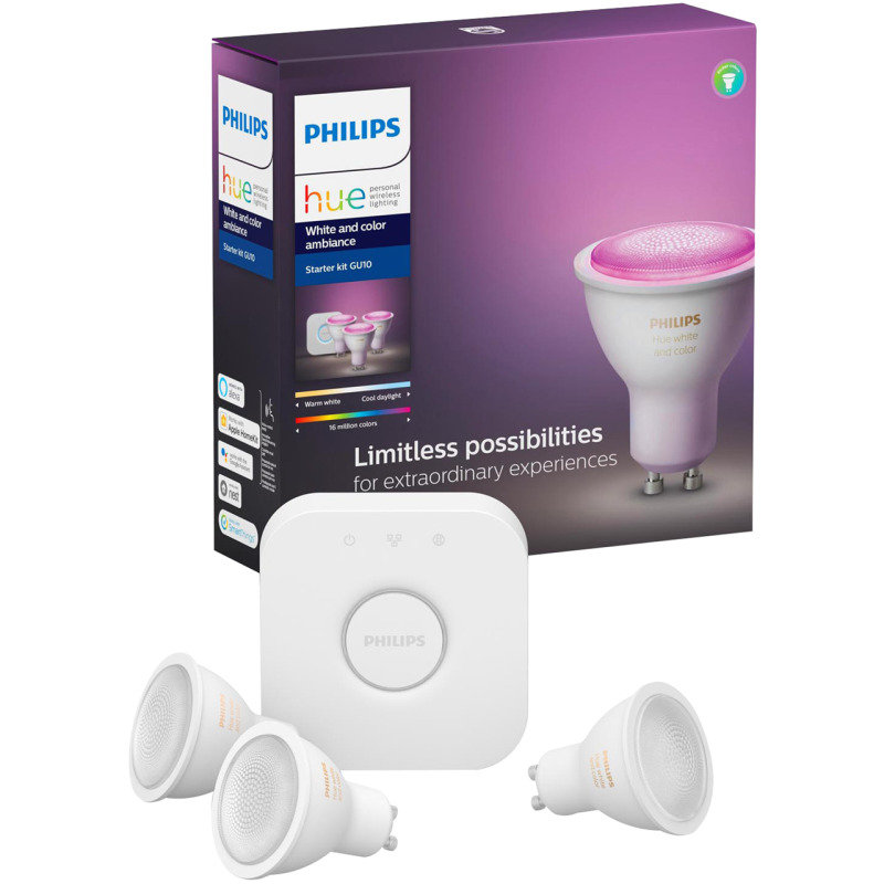 philips hue white and colour ambiance mini smart bulb e27 starter kit & google home mini chalk bundle