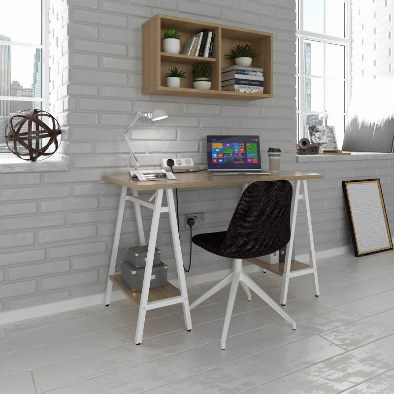 Pella Home Office Workstation With Trestle Legs - Windsor Oak With White Frame